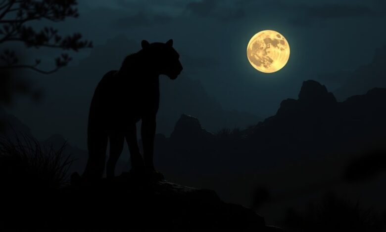 Ночь в древней Африке. В свете луны силуэт леопарда.