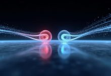 Из квантового вакуума спонтанно возникают пары вихрь-антивихрь, вращающиеся в противоположных направлениях — один с красным завихрением, другой с синим