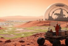 Футуристический пейзаж Марса в процессе терраформирования