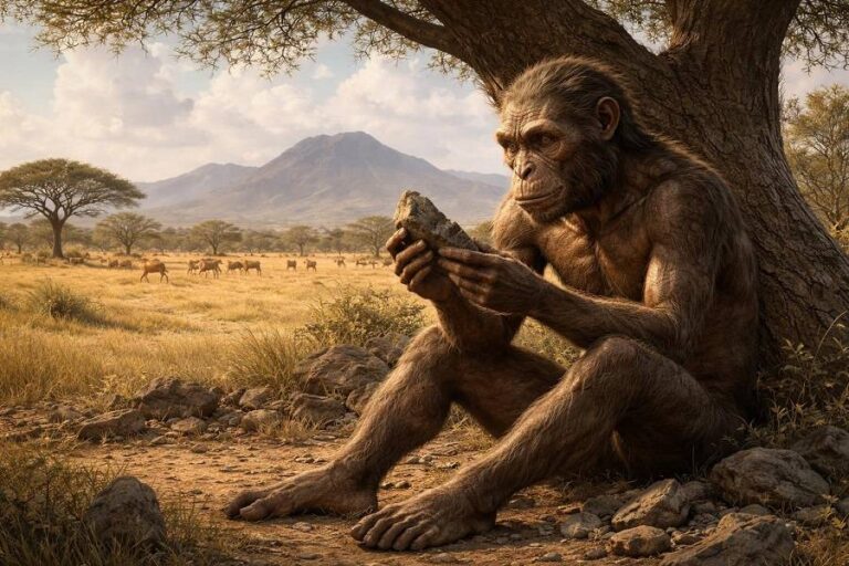 Художественная реконструкция Homo habilis в его природной среде.