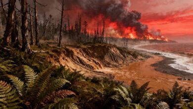 Панорамный вид на прибрежный ландшафт Палеоцена в период начала ПЭТМ (палеоцен-эоценового термического максимума)