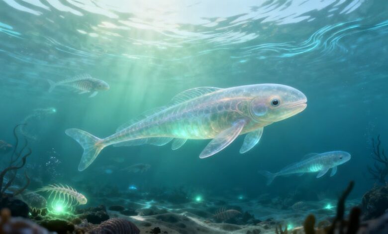 Кембрийское море с ранними рыбами и Пикайей, плавающей вблизи морского дна.