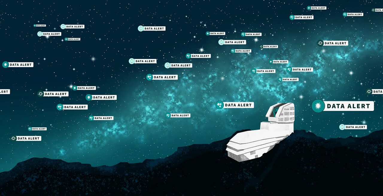 Эта иллюстрация художника представляет собой начало потока оповещений от обсерватории имени Веры К. Рубин
