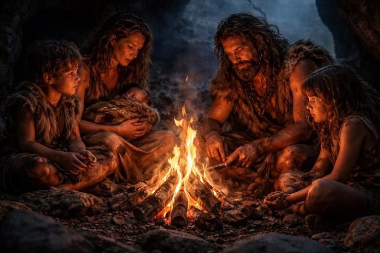 изображение семьи древних людей у костра в каменном веке.