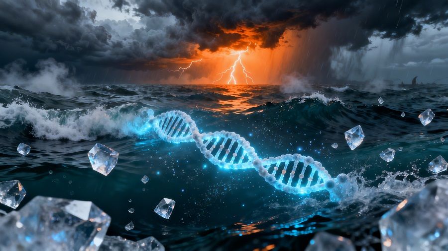 доисторический океан под темным небом с грозовыми тучами, зарождение жизни