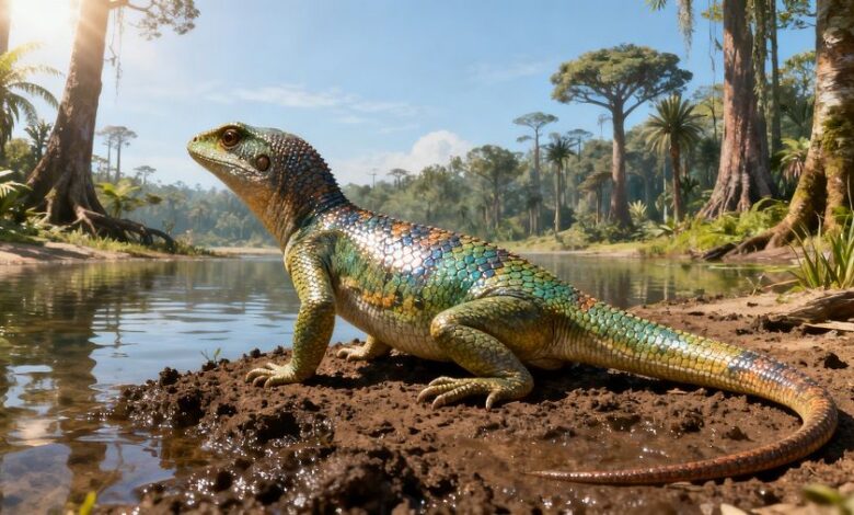 Небольшая древняя рептилия, похожая на болозавра (ящерицу), сидит на влажной почве возле воды в пермском лесу.