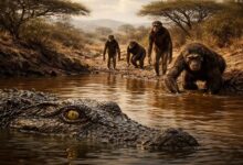 Небольшая группа австралопитеков, похожих на Люси, настороженно приближается к воде, чтобы напиться