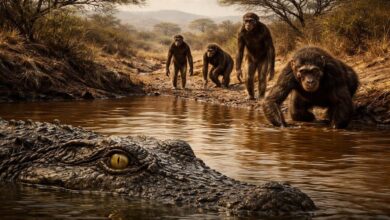 Небольшая группа австралопитеков, похожих на Люси, настороженно приближается к воде, чтобы напиться