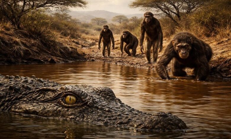 Небольшая группа австралопитеков, похожих на Люси, настороженно приближается к воде, чтобы напиться