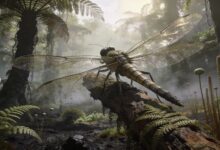 Древняя Пангея, каменноугольный период. Гигантская стрекоза сидит на стволе папоротника