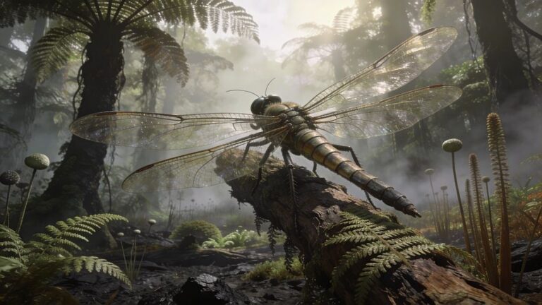 Древняя Пангея, каменноугольный период. Гигантская стрекоза сидит на стволе папоротника