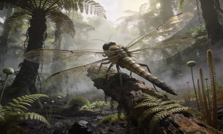 Древняя Пангея, каменноугольный период. Гигантская стрекоза сидит на стволе папоротника