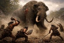 Ранний палеолит, Левант, 300 000 лет назад. Четверо древних людей окружают огромного слона