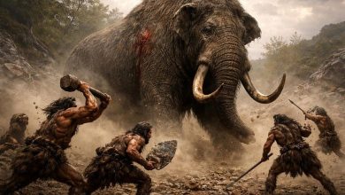 Ранний палеолит, Левант, 300 000 лет назад. Четверо древних людей окружают огромного слона