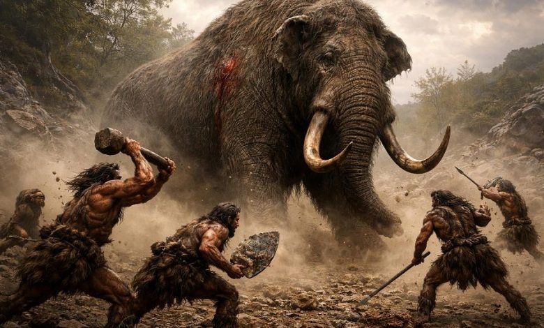 Ранний палеолит, Левант, 300 000 лет назад. Четверо древних людей окружают огромного слона