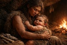 неандертальская мать держит на руках своего младенца