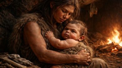 неандертальская мать держит на руках своего младенца