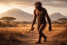 ранний гоминид (австралопитек или человек умелый) стоит на двух ногах в африканской саванне