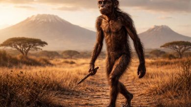 ранний гоминид (австралопитек или человек умелый) стоит на двух ногах в африканской саванне