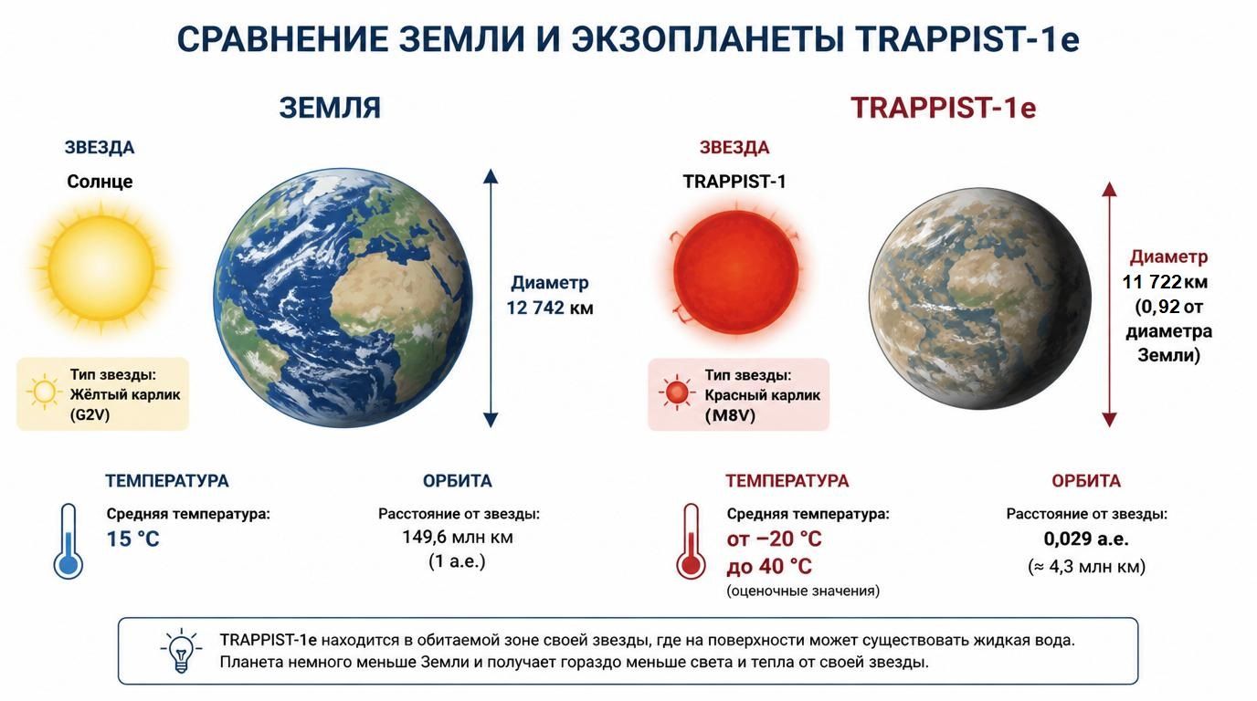 сравнение Земли и планеты Trappist-1e