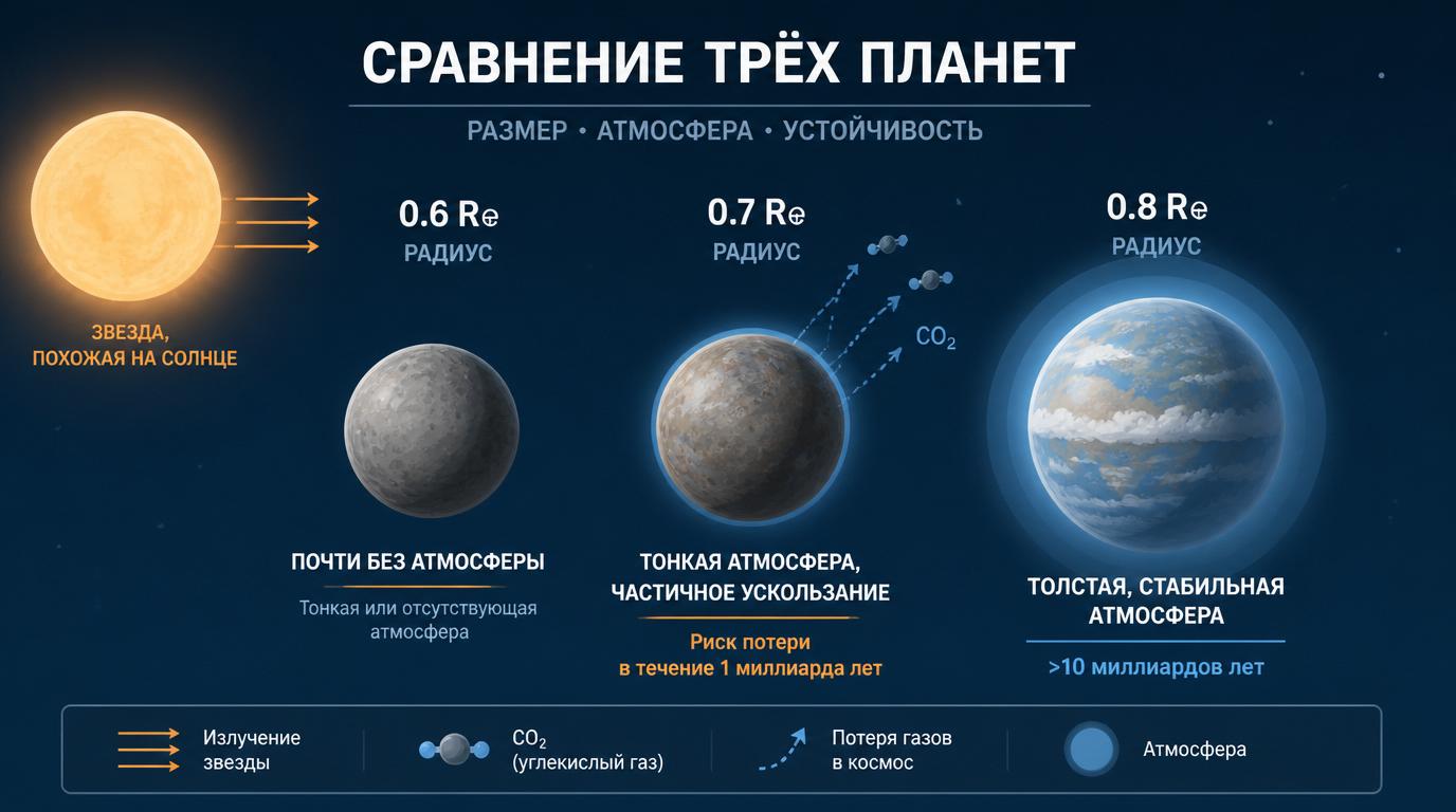 Инфографика, сравнивающая три планеты разного размера: радиус 0,6 R⊕ (меньше Земли), радиус 0,7 R⊕ и радиус 0,8 R⊕. 
