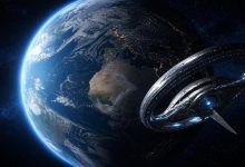 Земля, вид из космоса. Рядом пролетает инопланетный зонд