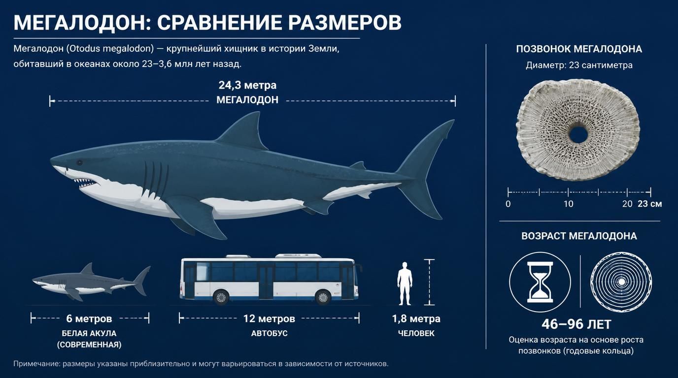 Инфографика, показывающая сравнительные размеры мегалодона 