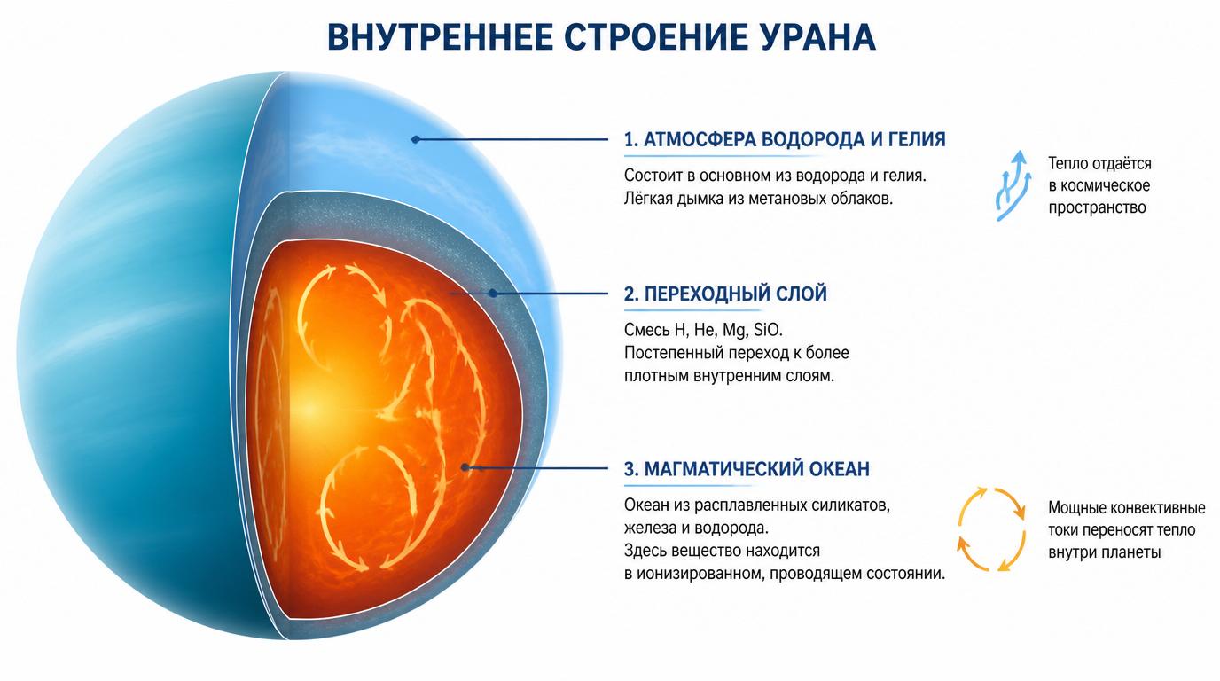 Инфографика, показывающая поперечное сечение планеты Уран
