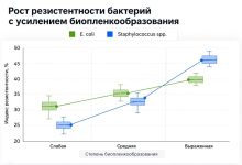 Динамика резистентности бактерий при различных уровнях биоплёнкообразования
