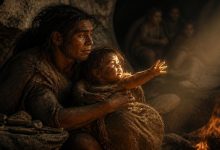 женщина-неандерталец, держащая на руках маленького ребенка