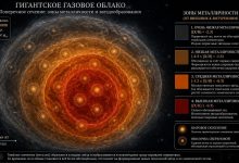 инфографика, показывающая поперечный срез гигантского газового облака массой 100 миллионов солнц
