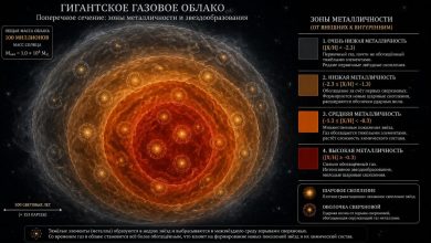 инфографика, показывающая поперечный срез гигантского газового облака массой 100 миллионов солнц