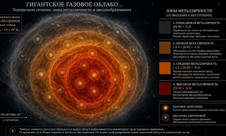 инфографика, показывающая поперечный срез гигантского газового облака массой 100 миллионов солнц