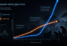 Инфографика, показывающая две расходящиеся эволюционные траектории