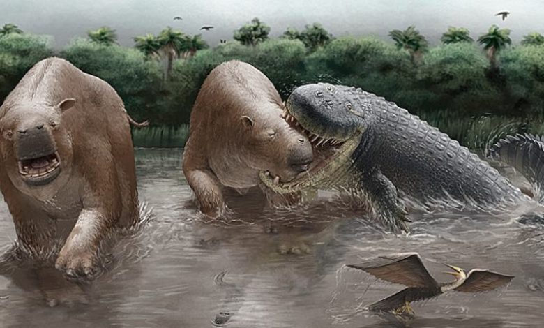 Реконструкция нападения Purussaurus neivensis на Pericotoxodon platignathus
