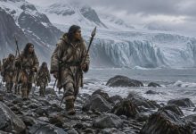 Древние люди идут вдоль тихоокеанского побережья Северной Америки во время ледникового периода.