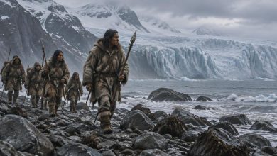 Древние люди идут вдоль тихоокеанского побережья Северной Америки во время ледникового периода.