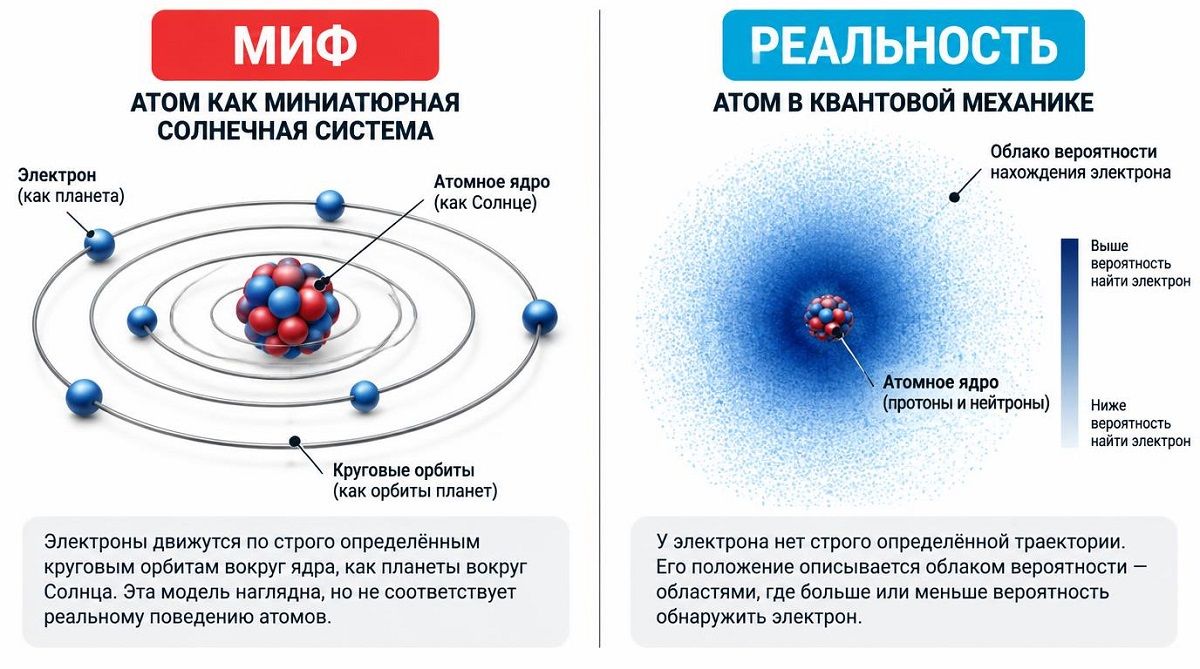Разделённая пополам иллюстрация: слева устаревшая планетарная модель атома с шариками на орбитах, справа современное изображение электронного облака как диффузного свечения вокруг ядра