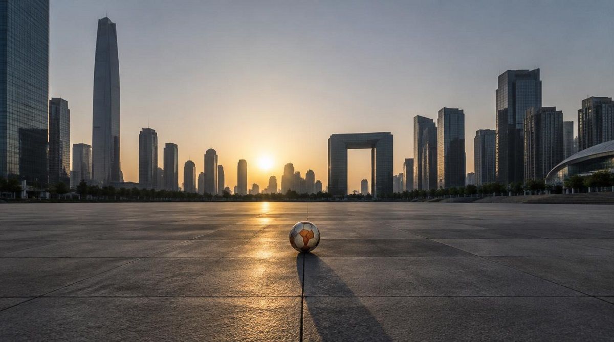 Фотореалистичное изображение одинокого футбольного мяча в центре огромной пустой городской площади на рассвете, подчёркивающее колоссальный масштаб пространства между ядром и электронами.